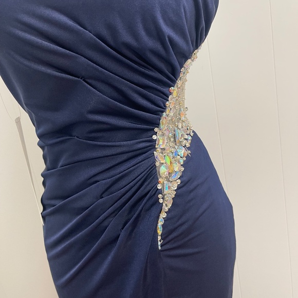 Val Stefani Prom Navy Blue One Shoulder Beaded Mesh Cutout Gown Size 6 Formal - Picture 3 of 13